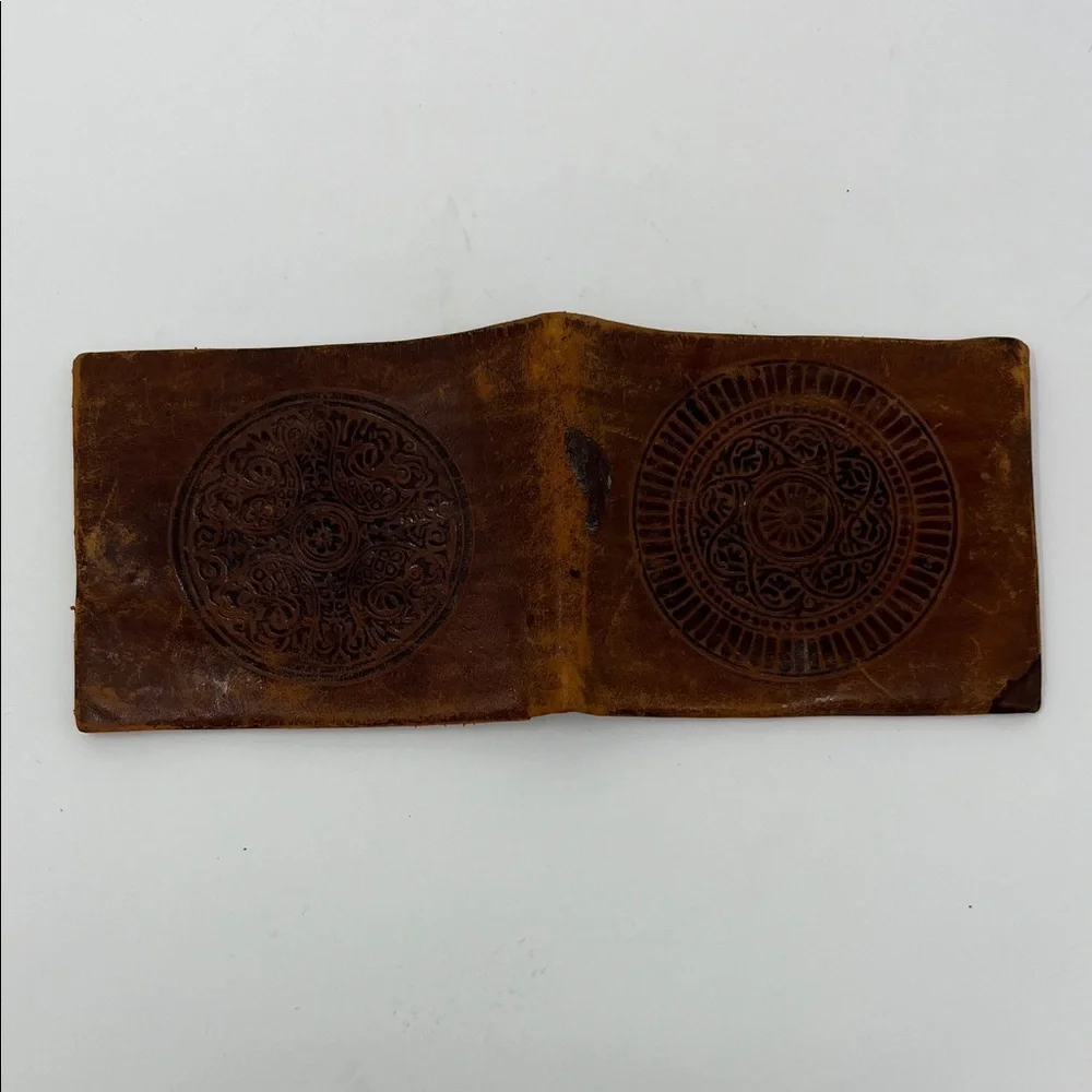 Vintage Hand tooled leather bifold boho wallet medallion design